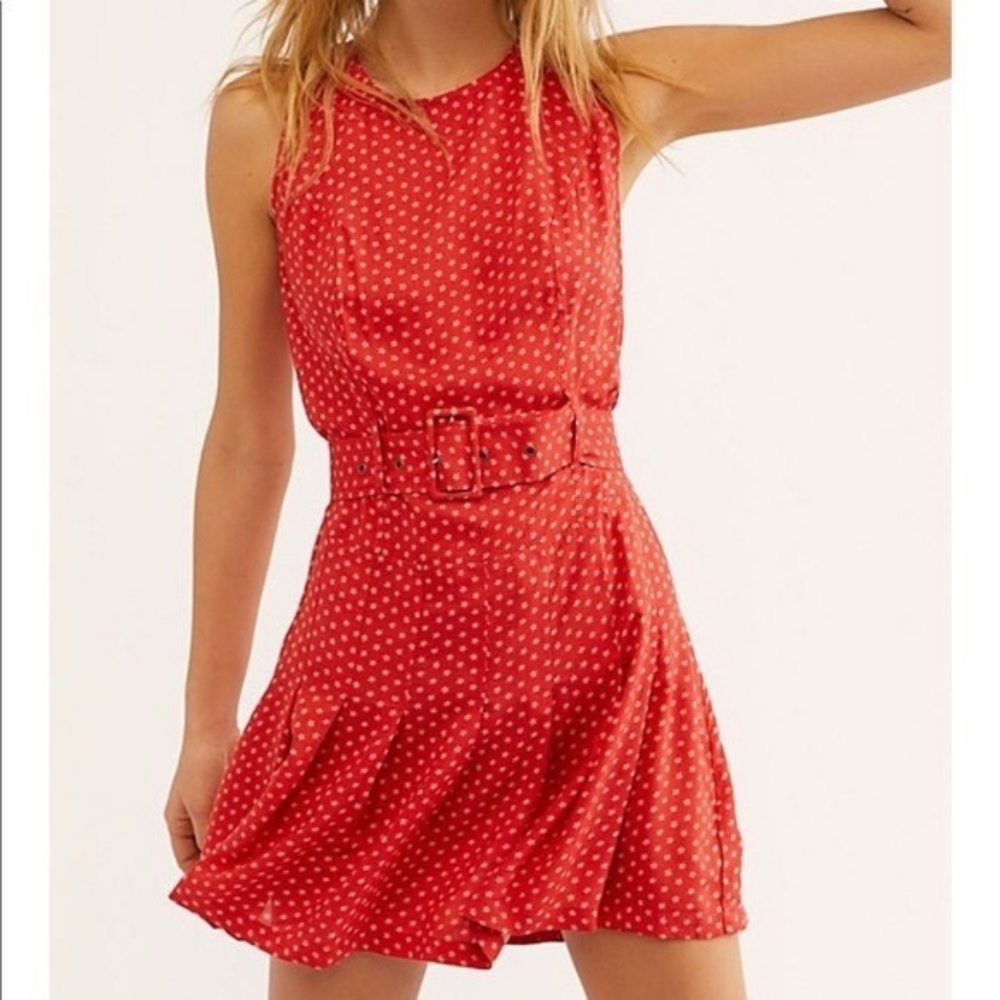 Free People Raquel Belted Mini Dress Red Floral Pleated Sleeveless NWT Sz 8
